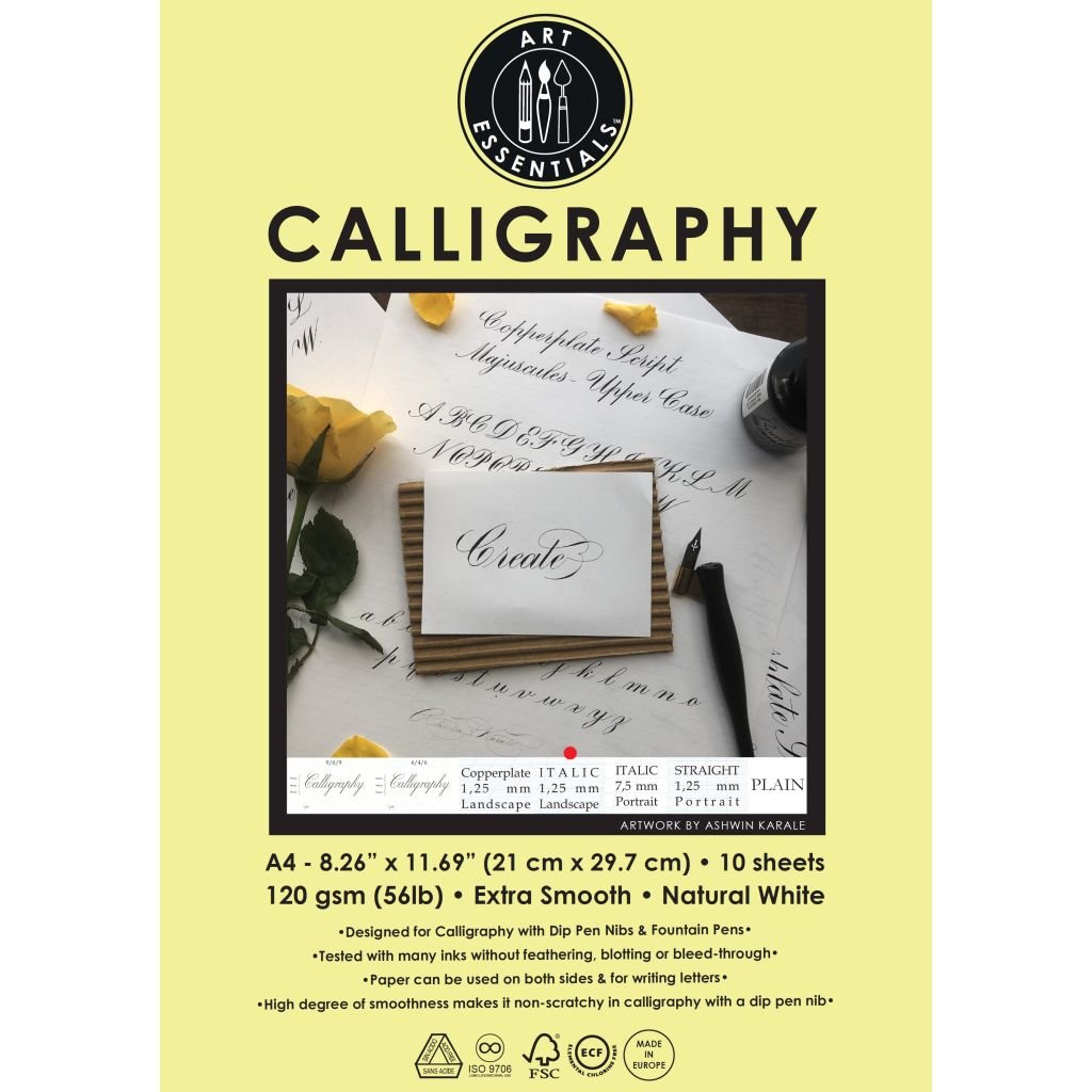 Art Essentials Calligraphy - 1.25 mm Italic, Landscape - A4 (21 cm x 29.7 cm) Natural White Extra Smooth 120 GSM Paper, Polypack of 10 Sheets